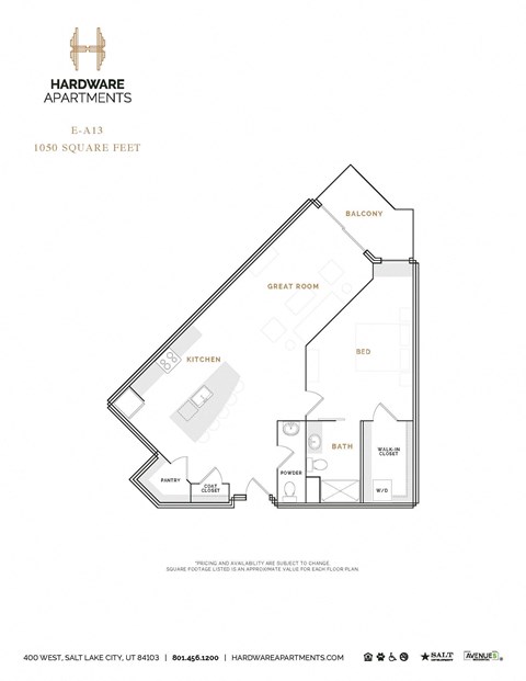 Floor plan for 1 bed, 1.5 baths, 1145 sqft